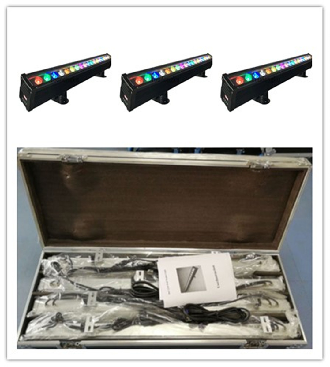 4 pieces with flightcase Dot to dot control waterproof aluminum 18*3w rgb led wash wall light waterproof RGB LED wall washer  

Four waterproof RGB LED wall washers with flight case, dot-to-dot control, aluminum housing, and 18x3W power