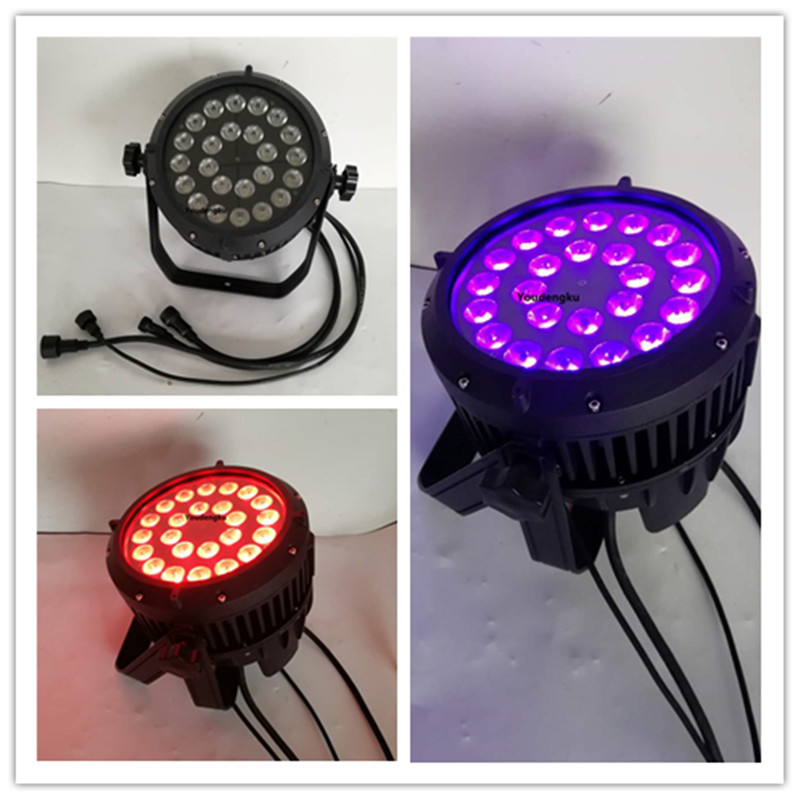 4 waterproof PAR 64 LED fixtures with 18W RGBWA UV 6-in-1 lighting