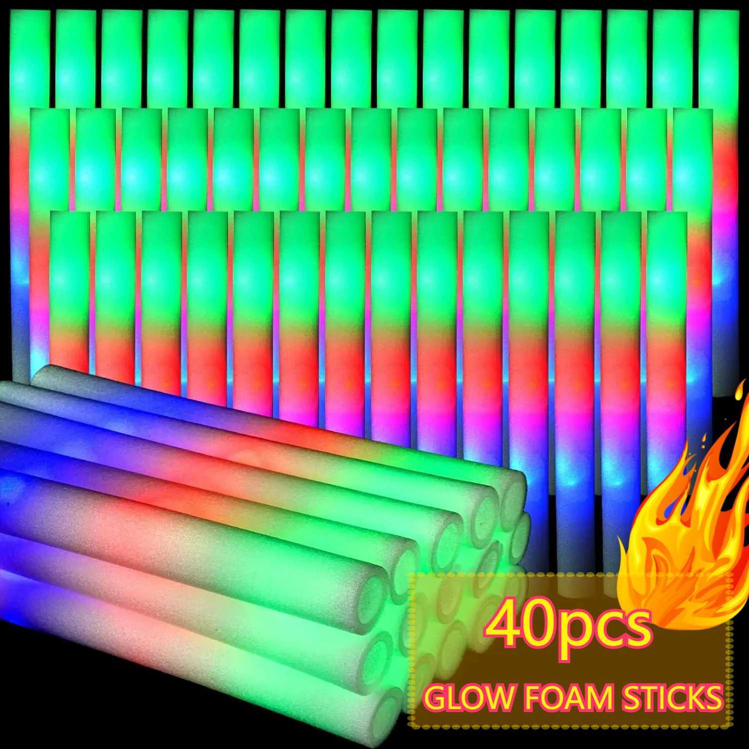 40 foam glow sticks featuring 3 lighting modes, colorful flashing LED lights for dark parties, Halloween, raves, and Christmas