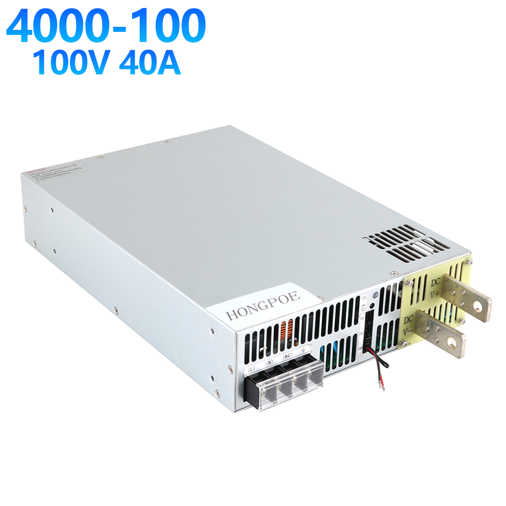 4000W 100V adjustable AC-DC power supply with 0-100V output, analog signal control (0-5V), compatible with 110V/220V/380V AC input, model SE-4000-100, 40A capacity