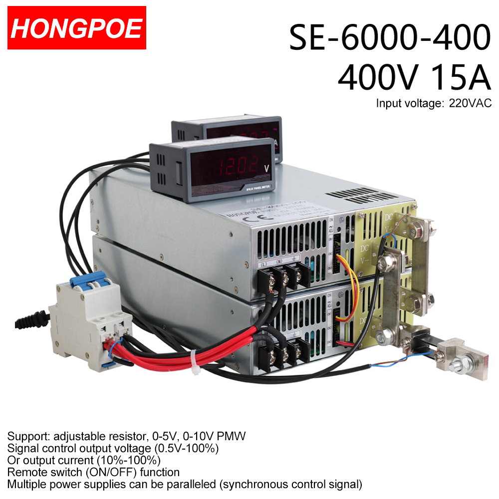 400V 15A 6000W SMPS CE certified adjustable AC-DC power supply with 0-5V/0-10V PLC/PWM control and 0-400V voltage regulation