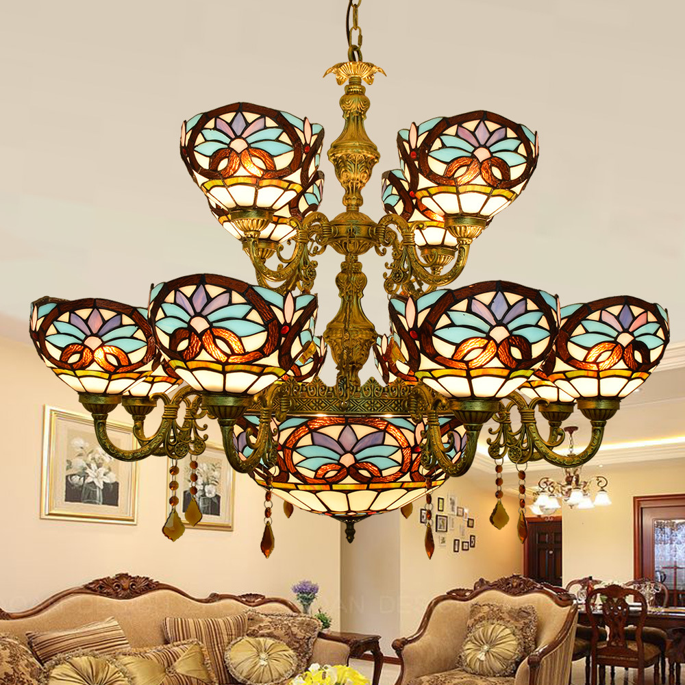 40W*15 Stained Glass Chandelier with Floral Design in European Retro Style for Living Room, Bedroom, or Kitchen, Customizable Fairy Light T009