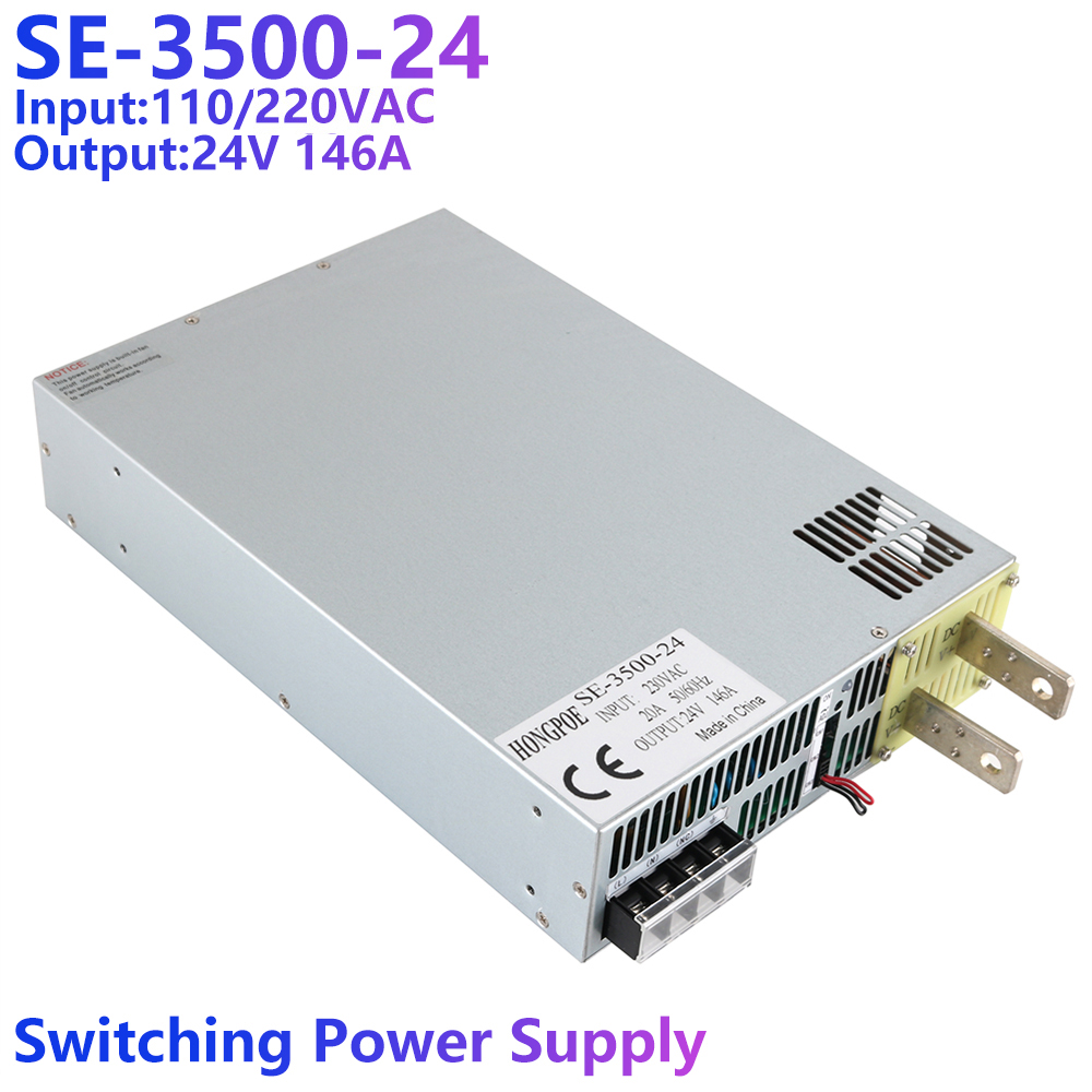 4500W 187 5A 24V adjustable AC/DC power supply with 0-5V analog control, SE450024 model, accepts 110VAC, 220VAC, and 380VAC input