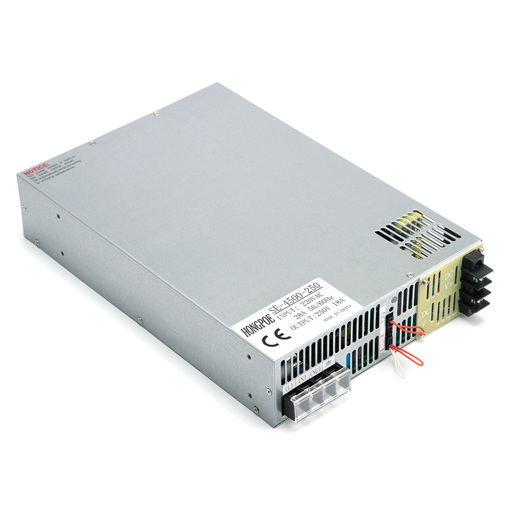 4500W 250V adjustable DC power supply with 0-250V output, AC-DC conversion, 0-5V/0-10V PWM/analog control, 18A capacity, accepts 220V/380V AC input with ON/OFF function