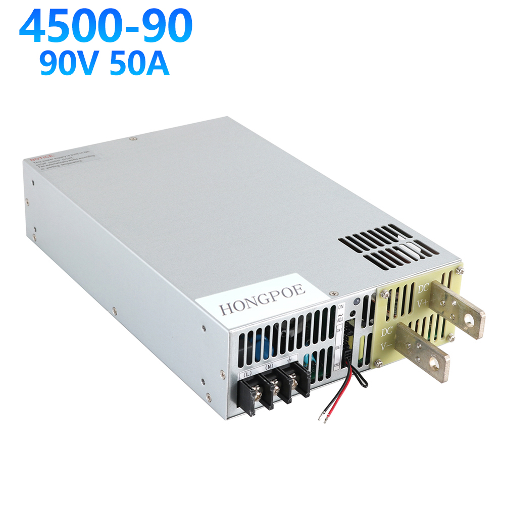 4500W 90V adjustable AC-DC power supply with 0-90V output, 50A capacity, analog signal control (0-5V), and on/off function - SE-4500-90 model
