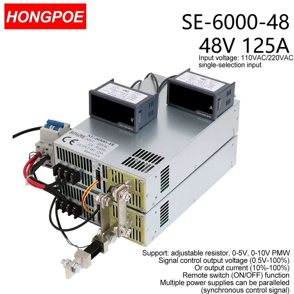 48V 125A 6000W SMPS with CE certification, adjustable AC-DC power supply featuring 0-5V/0-10V PLC/PWM control and 0-48V voltage regulation