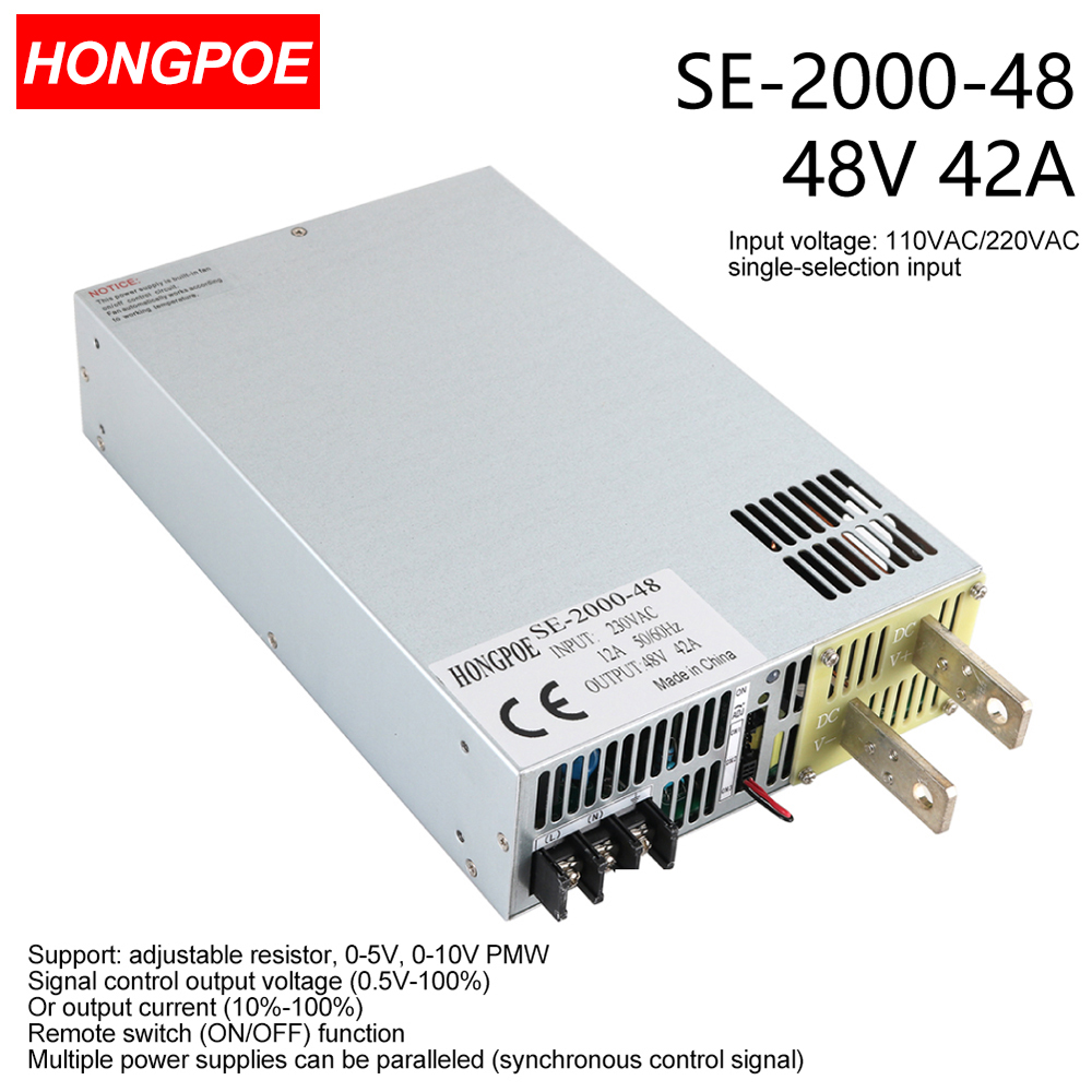 48V 42A 2000W SMPS with CE certification, adjustable AC-DC power supply featuring 0-5V/0-10V PLC/PWM control and 0-48V regulation