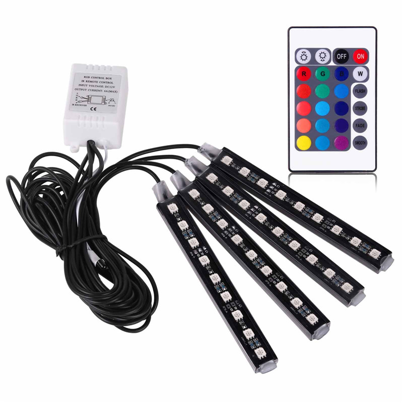 4Pcs Car Interior RGB LED Strip Lights with 24-Key Remote for Ambient Lighting