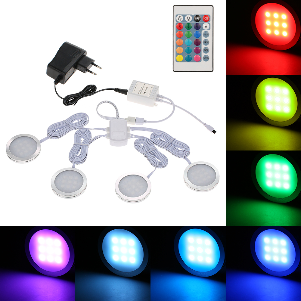 4-piece slim round RGB LED under-cabinet light kit with SMD5050 pucks, color-changing and dimmable via remote control for kitchen and closet lighting