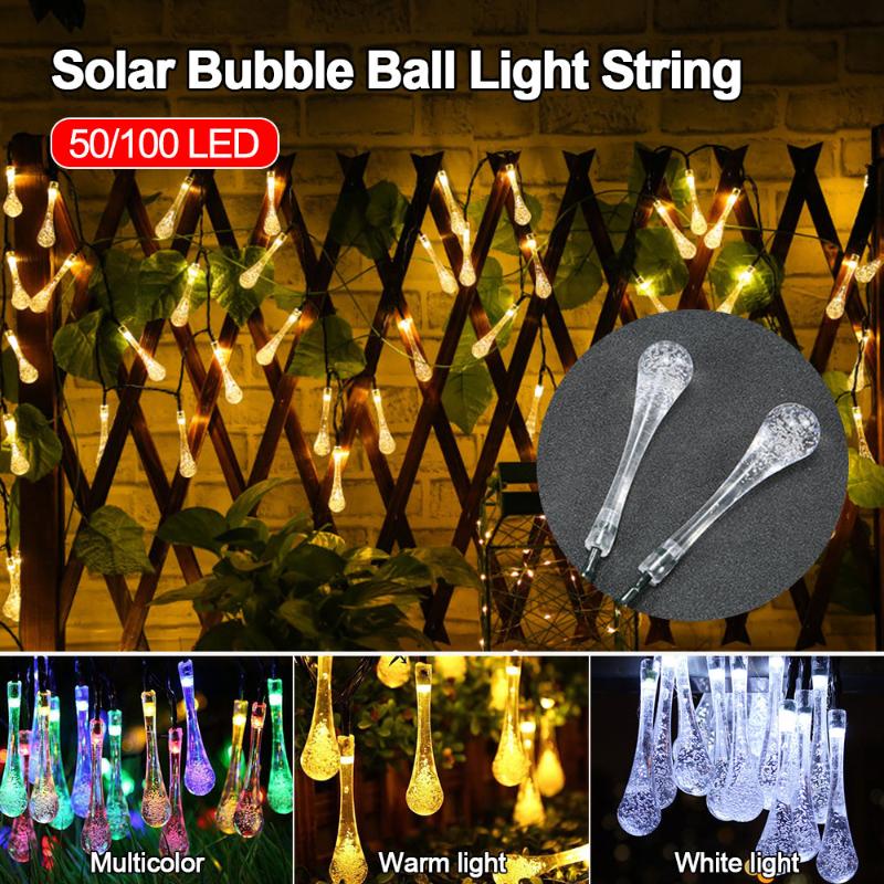 50/100 LED solar-powered water drop string lights with 8 strands, waterproof for garden and holiday decor, ideal for Christmas and weddings