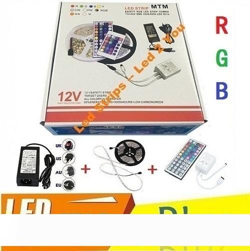 5050 waterproof LED strip with 60 LEDs per meter, 5m length totaling 300 RGB LEDs, 12V power supply, 44-key remote control, and retail packaging