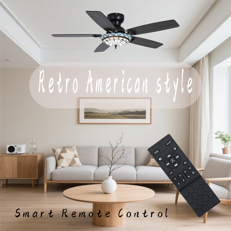 52-inch vintage ceiling fan featuring stained glass light and retro-style 5-blade design, ideal for living rooms or bedrooms