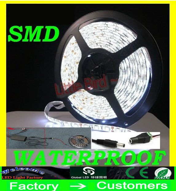 5M Bright Ultra-White LED Strip Light 3528 SMD with 300 LEDs, waterproof flexible warm white single-color strip including 12V 2A power supply and connector