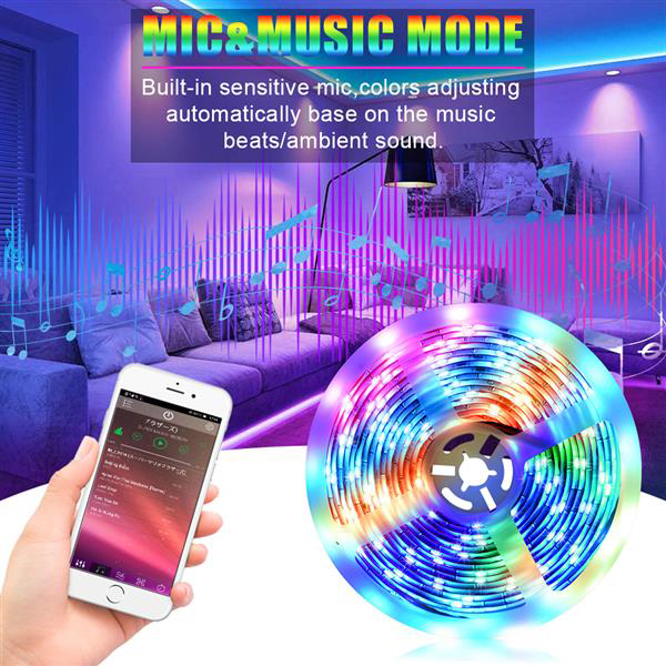 5M LED RGB strip with 150 waterproof LEDs, Bluetooth music sync, 24-key remote for colorful lighting decor