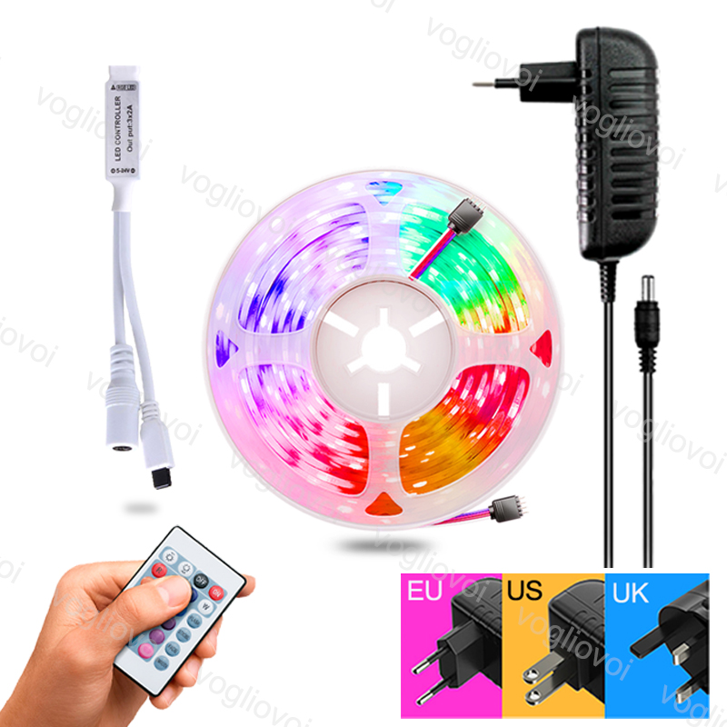 5M LED strip light with mini controller, 300 SMD5050/2835 LEDs, 12V DC, multicolor, 24-key waterproof remote, super bright for TV backlighting