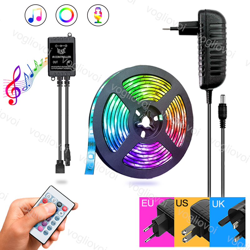 5M LED strip with music sync, SMD5050/2835, 300 LEDs, 12V DC, waterproof, multicolor, 24-key remote, AC100-240V adapter, for HDTV/TV background lighting