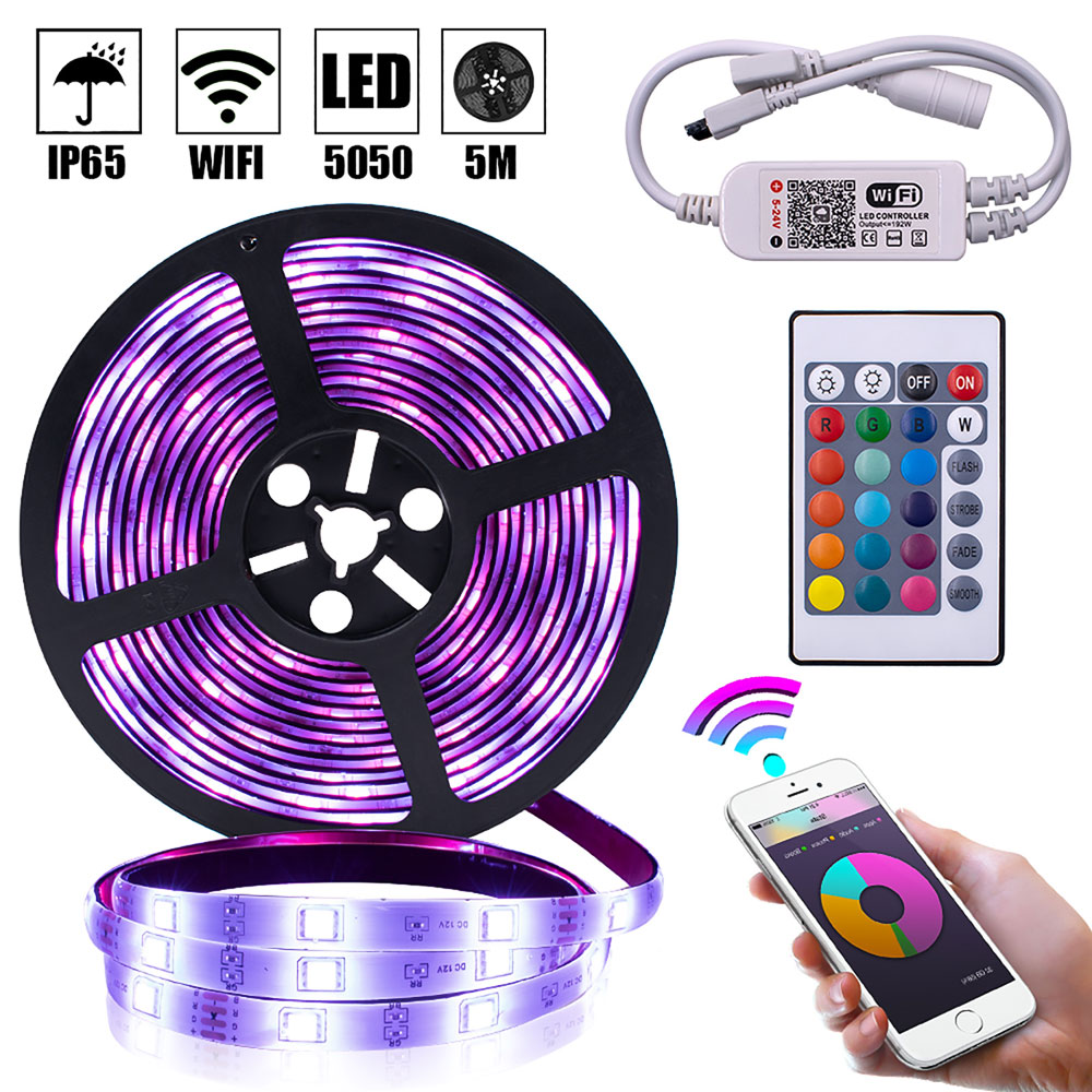 5M RGB 5050 waterproof LED strip lights with 24-key remote and Bluetooth for bedroom and home holiday decor