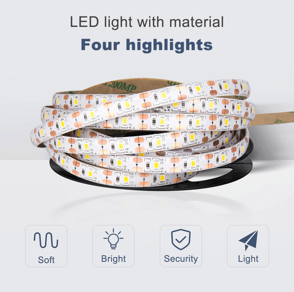 5M USB-powered waterproof flexible LED strip light with motion sensor for kitchen cabinets, closets, and stair lighting