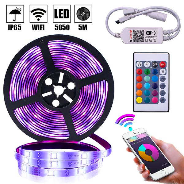 5M waterproof RGB 5050 LED strip lights with 44-key remote and WiFi control for dimmable lighting