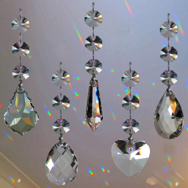 5pcs Crystal Chandelier Prism Parts with Silver Jump Rings and Octagon Beads