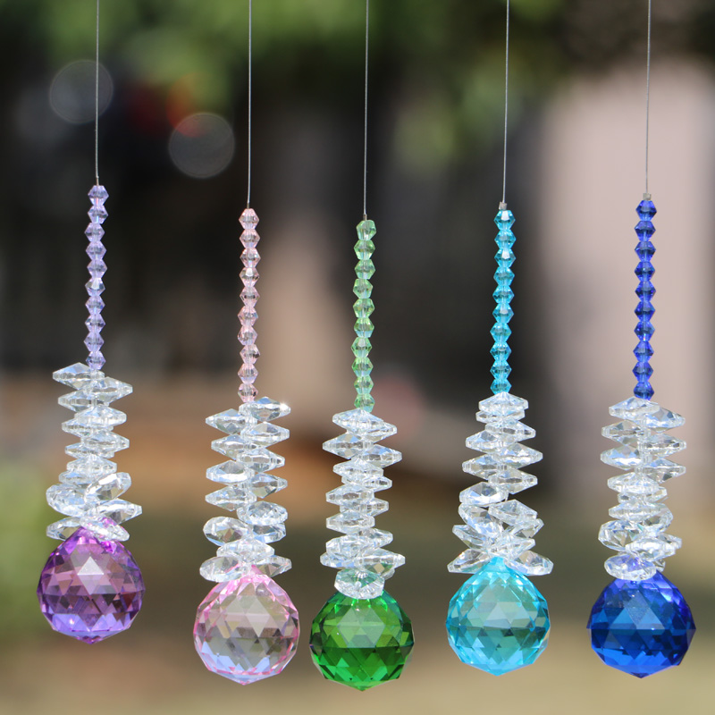 5-piece chakra crystal garland with 40mm glass prism suncatchers for Feng Shui decor