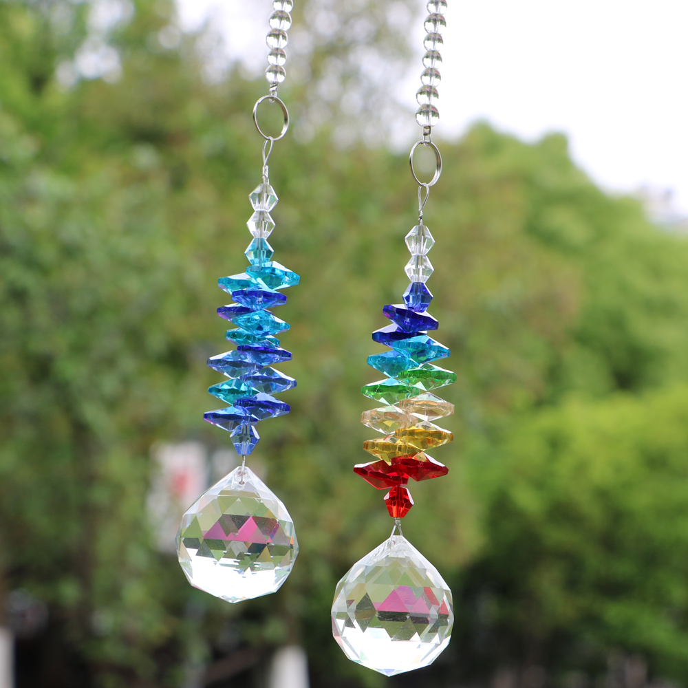 5-piece chakra crystal suncatcher set with prism balls for rainbow effects, available in 20mm, 30mm, and 40mm sizes