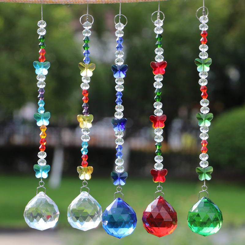 5-piece chakra glass crystal suncatcher with butterfly prism, hanging pendulum lamp parts for feng shui decor and rainbow effects, 20mm size W095