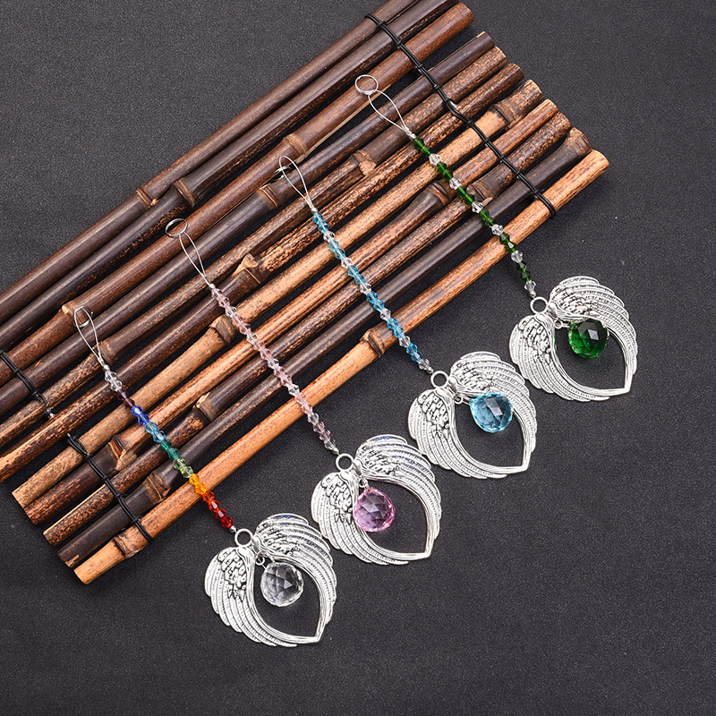 5-piece glass suncatcher prism set featuring angel wing pendants, handmade for home and wedding decoration
