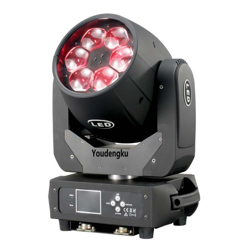 6 compact RGBW moving head lights with 40W beam, zoom, and DMX control