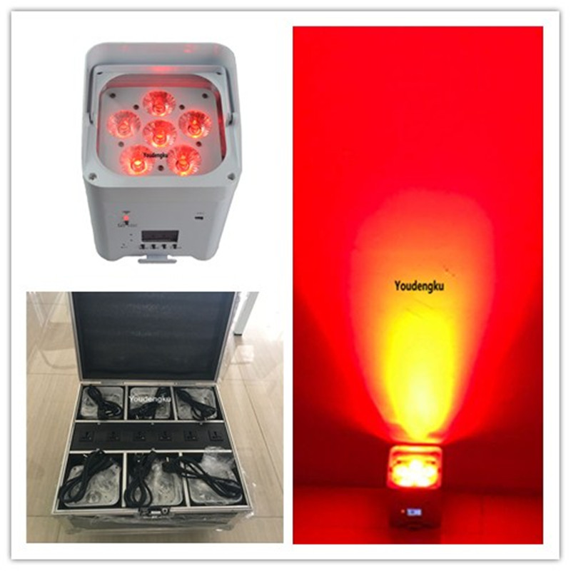 6 wireless DMX-controlled RGBWA+UV LED par lights with flight case, 18W each, battery-powered for DJ and wedding use