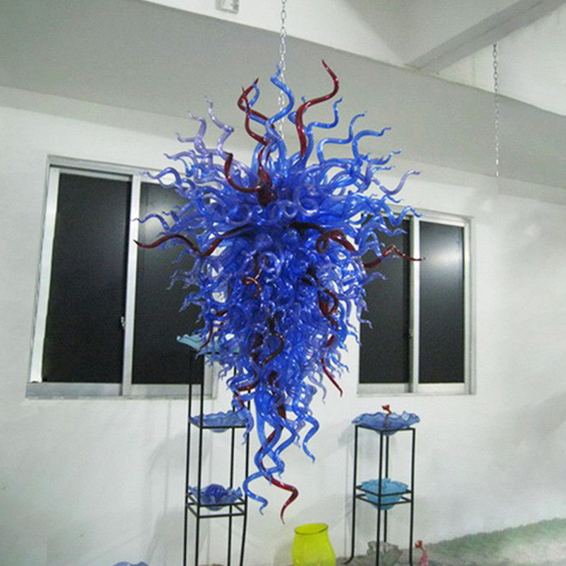 60-inch contemporary LED pendant light with hand-blown blue and red glass, perfect for home decor
