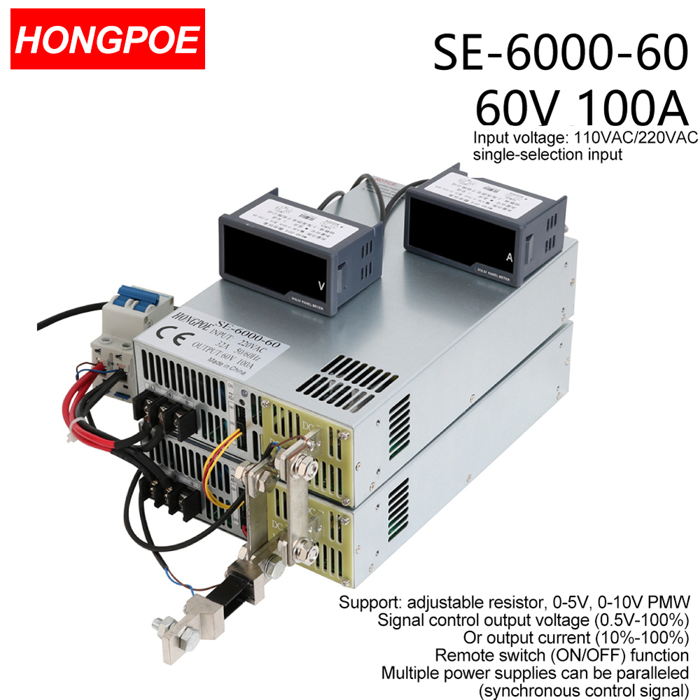 60V 100A 6000W CE certified adjustable switching power supply with 0-5V/0-10V PLC/PWM control and 0-60V voltage regulation