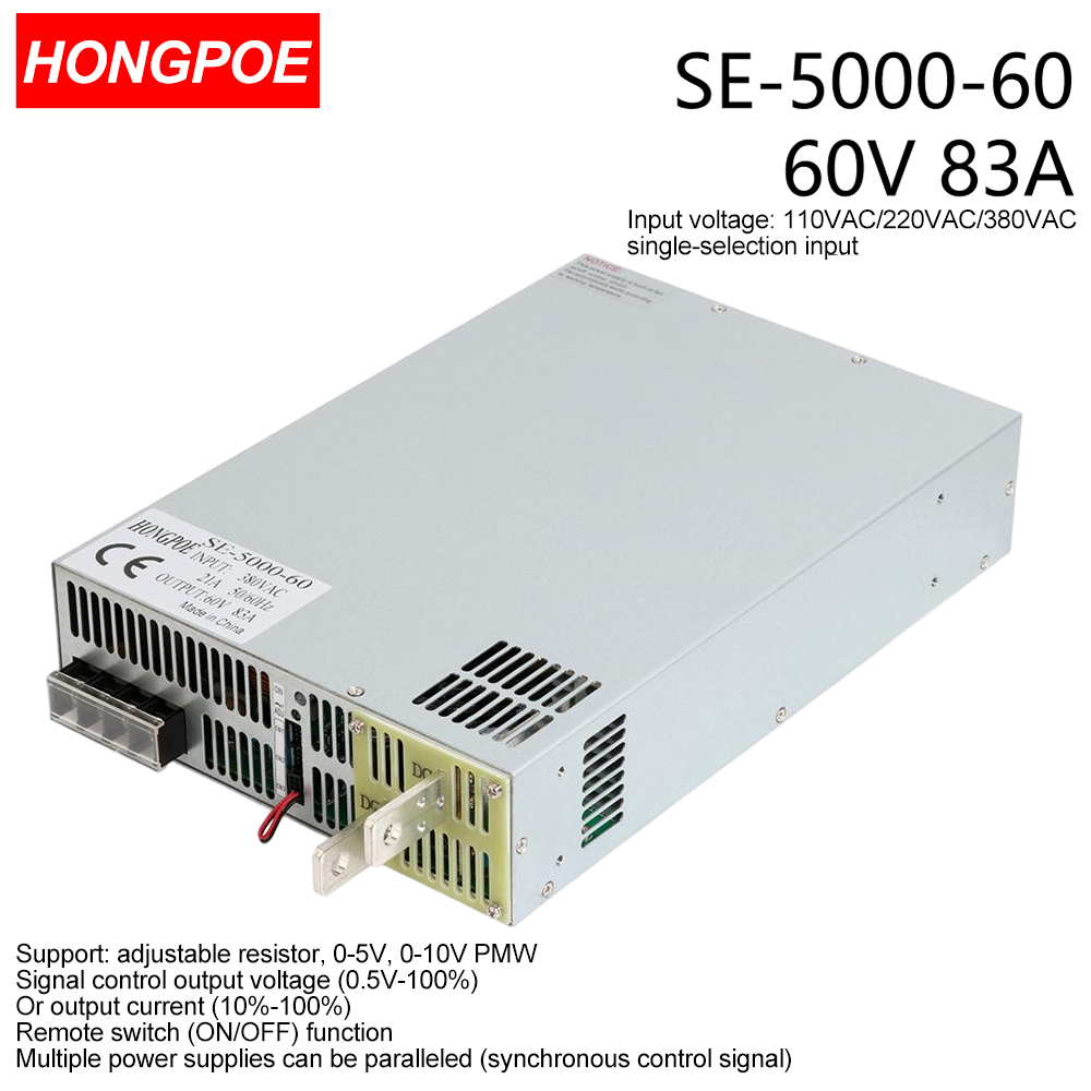 60V 83A 5000W SMPS with CE certification, adjustable AC-DC power supply featuring 0-5V/0-10V PLC/PWM control and 0-60V regulation