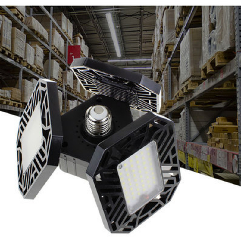 60W LED garage ceiling light with adjustable panels, E26/E27 base, 85-265V white light