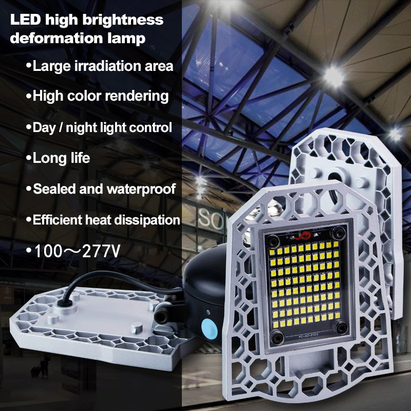 60W/80W/100W adjustable LED garage light with IP65 waterproof rating for industrial and warehouse use, compatible with E26/E27 sockets
