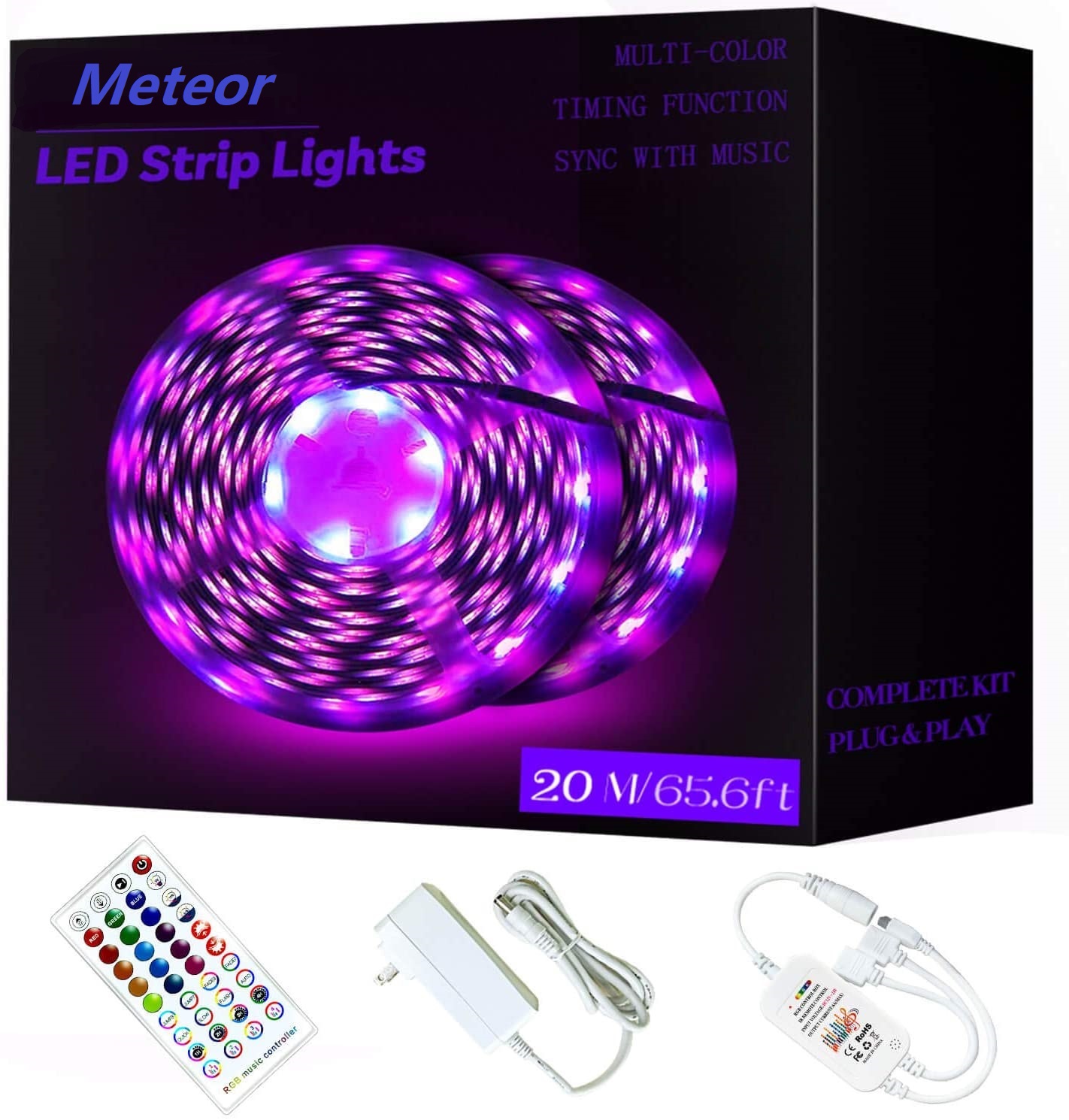 65.6ft/20m RGB LED strip with remote, 600 ultra-bright color-changing LEDs for DIY lighting