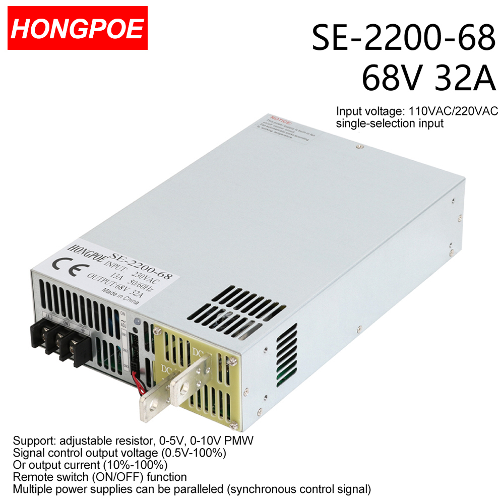68V 36A 2500W SMPS with 0-68V adjustable output, CE certified AC-DC power supply featuring 0-5V/0-10V PLC/PWM control
