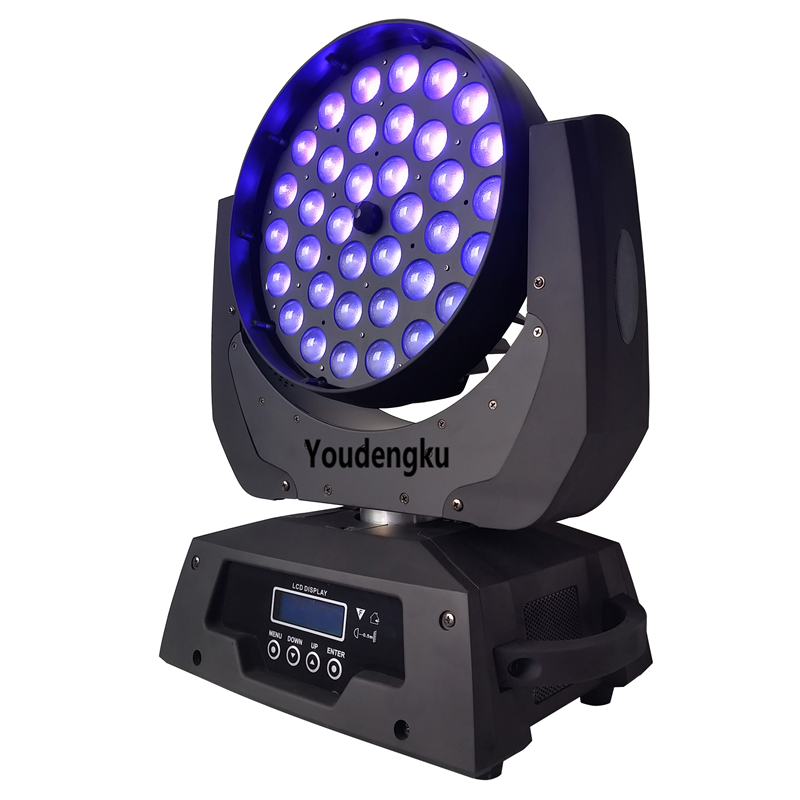 6-in-1 DMX RGBWA UV 36x18W LED wash moving head with zoom and lyre bracket