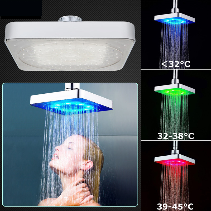 6-inch LED square shower head with color-changing temperature display, wall-mounted for bathroom use