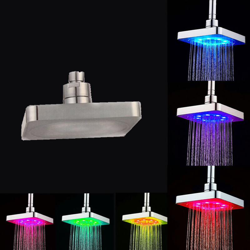 6-inch square LED shower head with color-changing feature, powered by water flow, measures 21.5x21.5x9.3cm, includes no shower arm