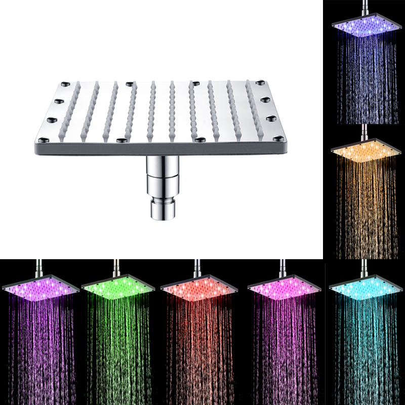 6-inch square LED shower head with water-powered color change, 15x25x10cm, no arm included