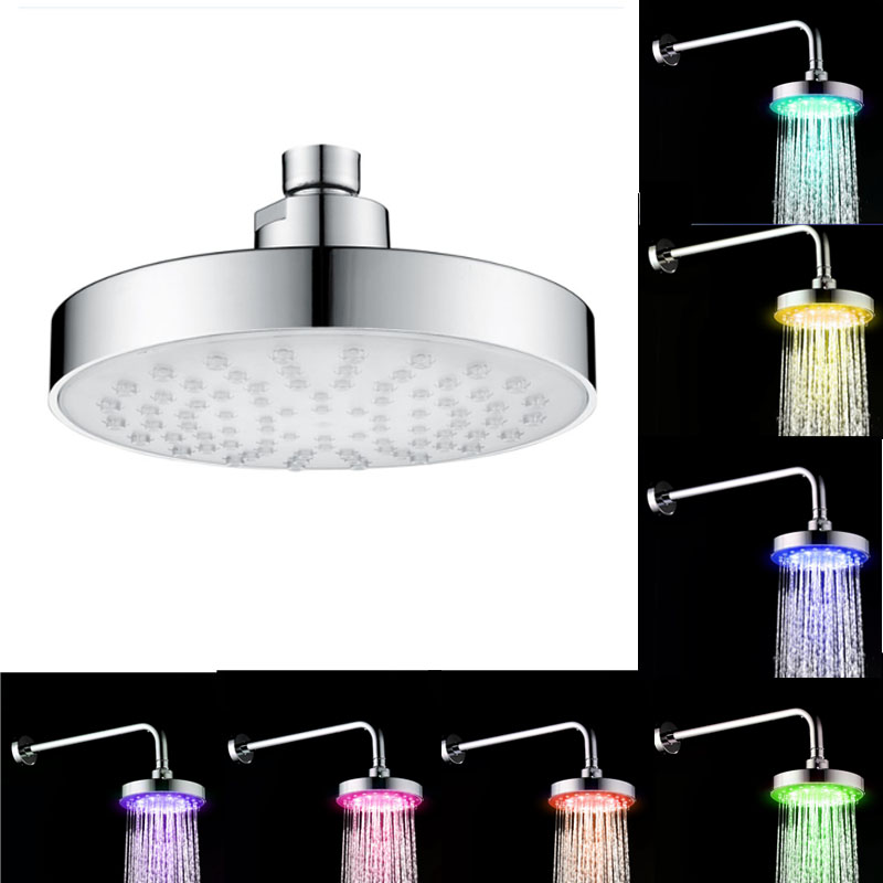 6-inch water-powered LED shower head with color-changing feature, measuring 16x16x6.5cm, includes no shower arm