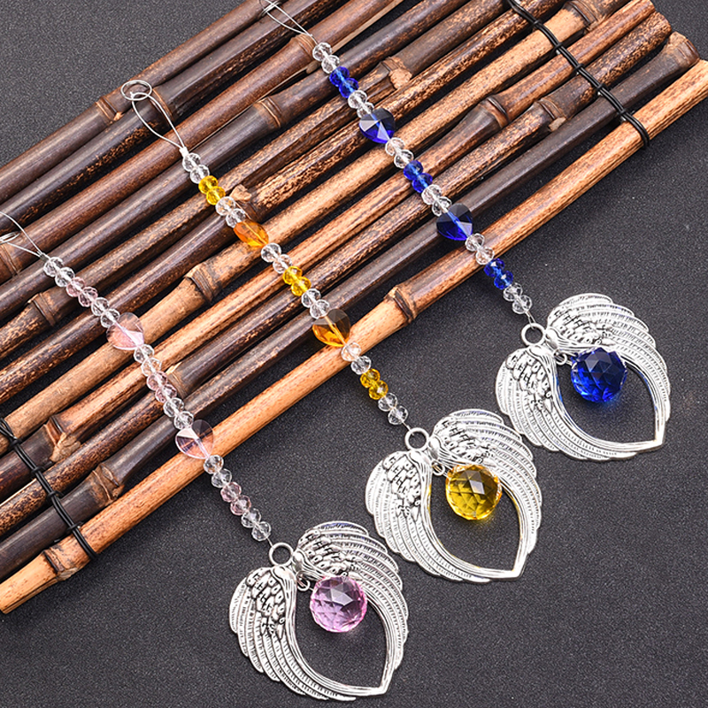 6PCS Glass Crystal Peach Heart Suncatcher Prism Hanging Angel Wings Pendant Handmade Ornament Home Wedding Decoration WQM136