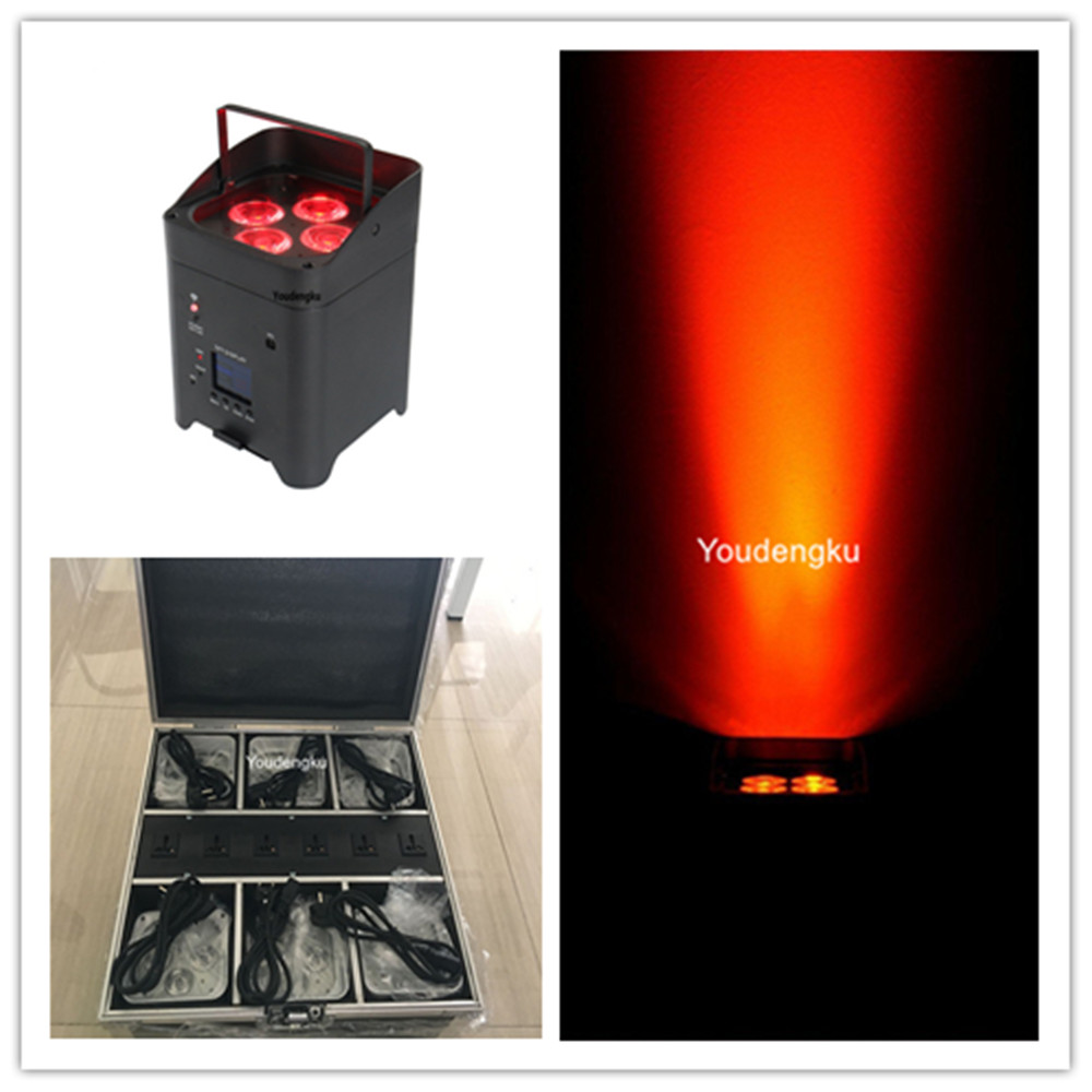 6-unit road case with RGBWA UV rechargeable battery LED par can lights, 4x12W wireless DMX and WiFi uplights