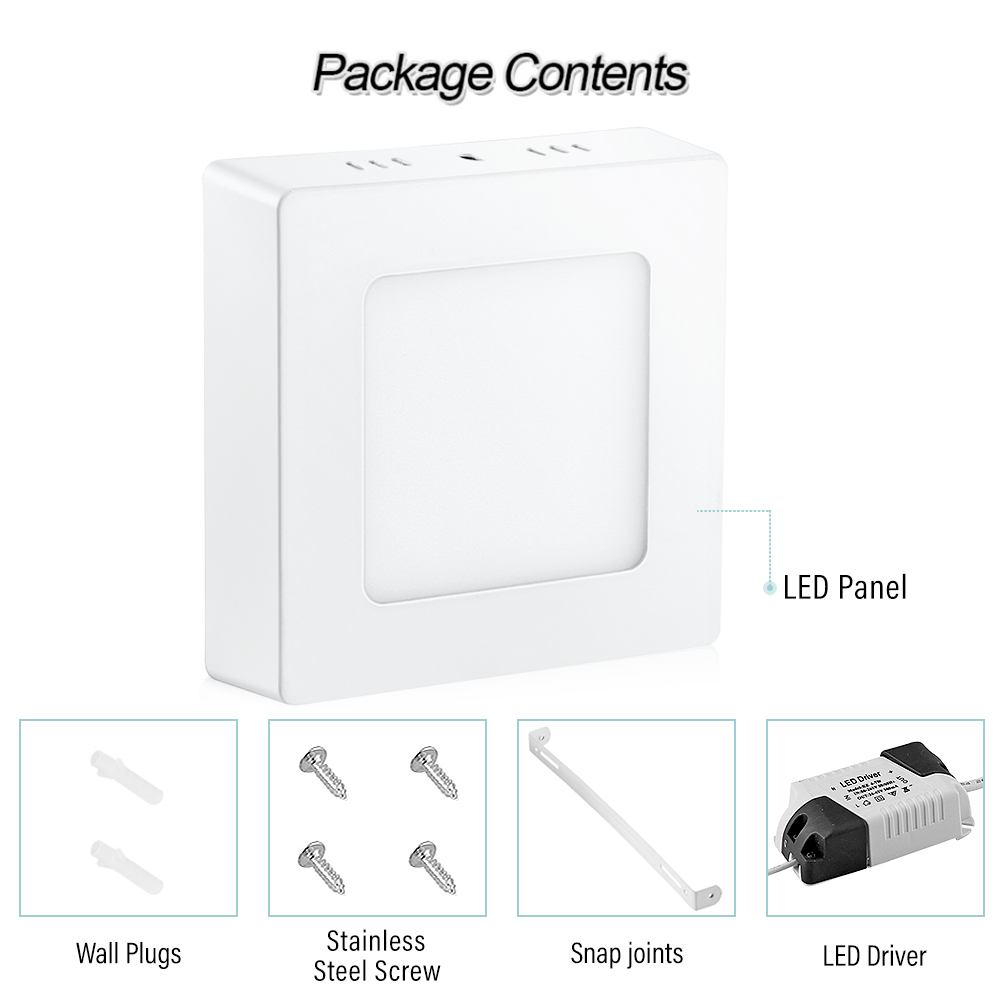 6W LED panel light for indoor spaces like bedrooms and living rooms, featuring natural white illumination and surface-mounted square design with 220V power