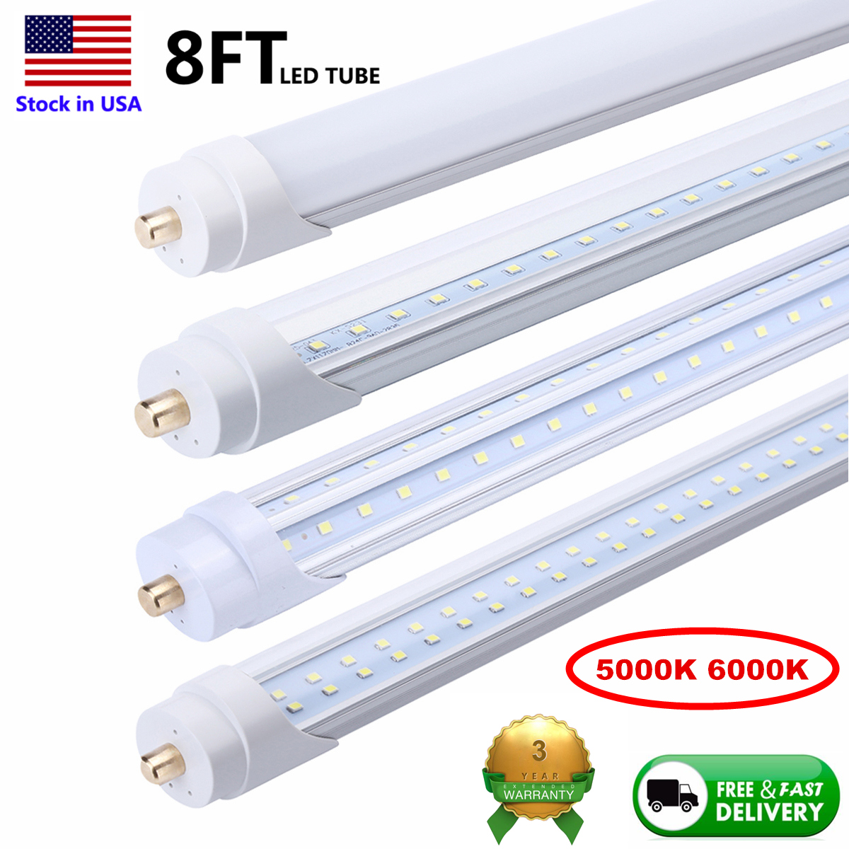 8 Foot LED shop lights for fluorescent replacement, 45W FA8 single-pin bulbs in T8/T10/T12 sizes