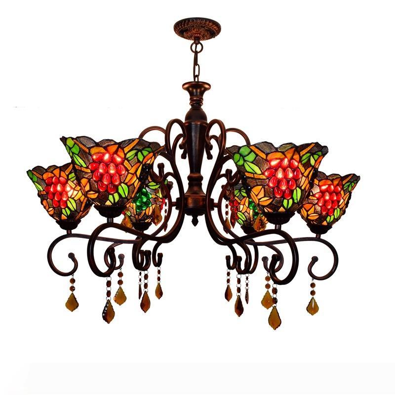 8 Head Tiffany Baroque Stained Glass Grape Hanging Light with E27 Socket for Dining Room and Parlor Decoration
