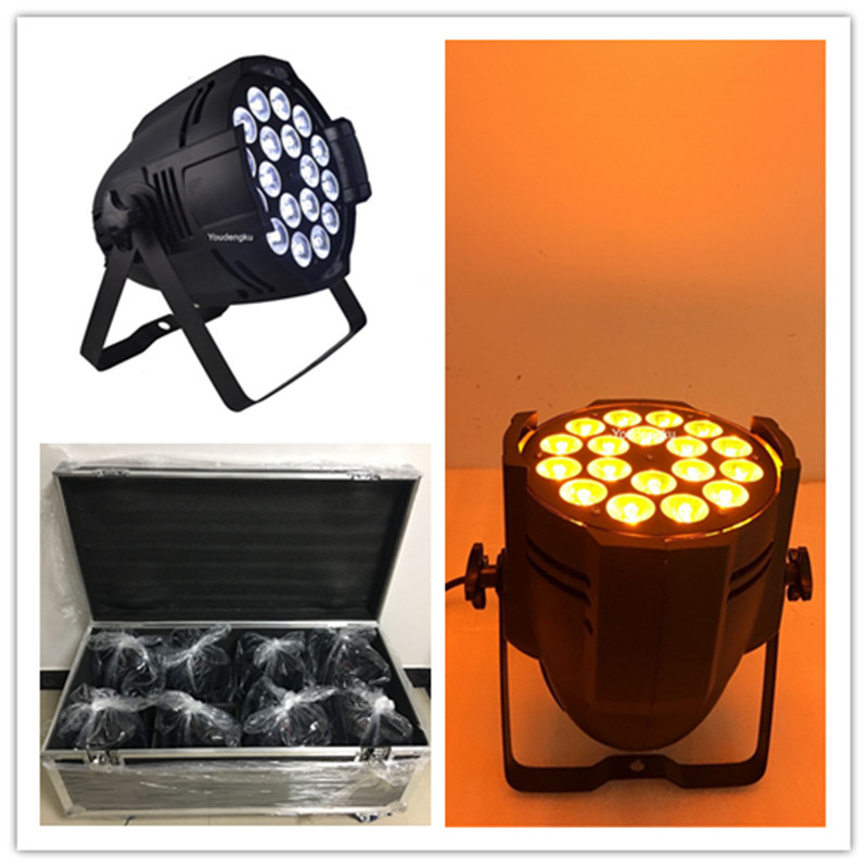 8 LED par cans with flight case, 18pcs 18W RGBWA UV 6-in-1 stage lighting fixtures