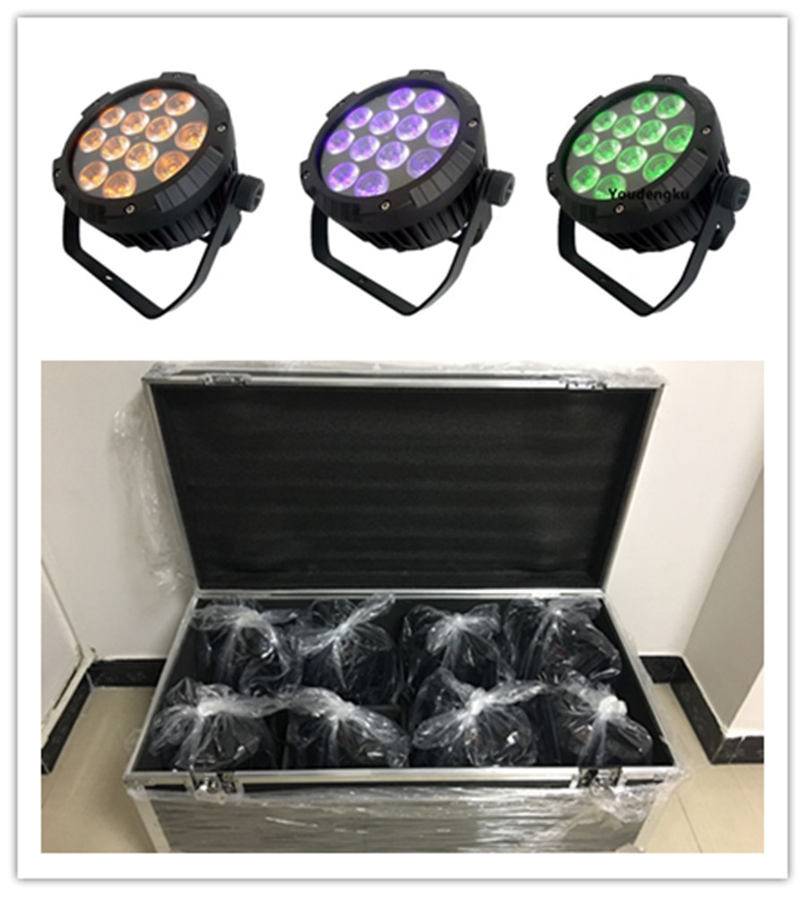 8 waterproof DMX RGBWA UV LED par lights with flight case, 12x18W flat design for outdoor IP65 use