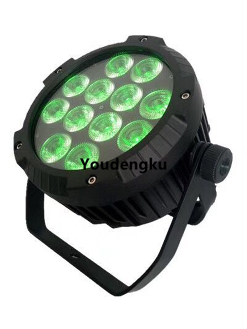 8 waterproof mini LED par lights for outdoor DMX stage and DJ use, featuring 12x10W strobe and 4-in-1 RGBW can with 64 channels